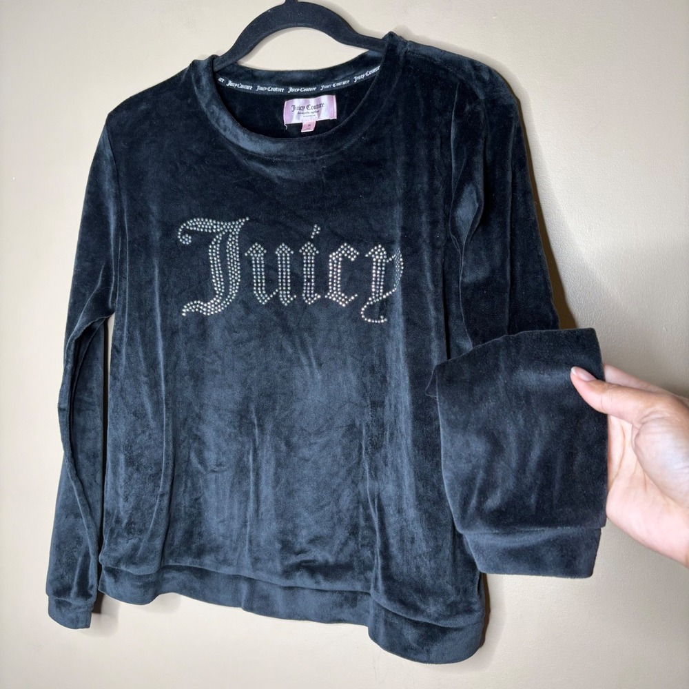 Juicy Couture Black Velour Rhinestone Logo Sleep Top Womens Medium Y2K